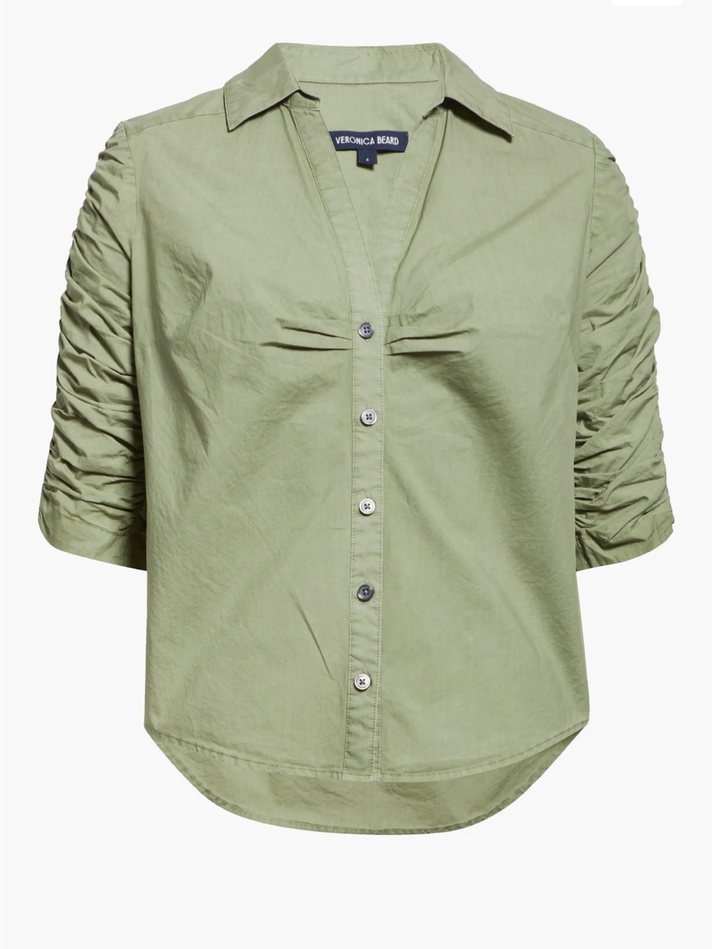 Veronica Beard Light Olive Button-Front Ruched Sleeve Shirt